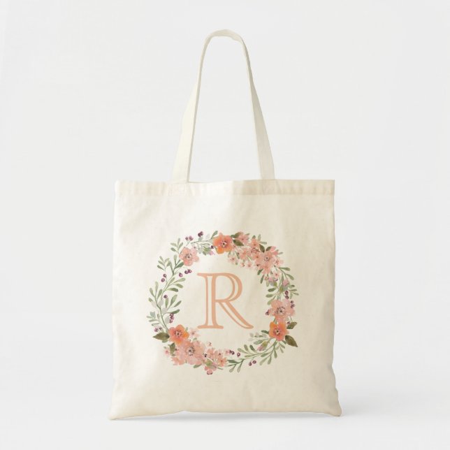 Bolso De Tela Monograma floral del melocotón romántico (Frente)