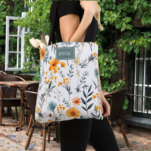 Bolso De Tela Monograma floral gris bohemio, verde salvia y dora
