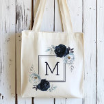 Bolso De Tela Monograma floral Navy Blue Peony<br><div class="desc">Esta bolsa de tetas presenta peonías de acuarela pintadas en azul marino y blanco,  y monograma con cuadros cuadrados. Para una personalización más avanzada de este diseño,  haga clic en el BOTÓN HERRAMIENTA DE DISEÑO AZUL.</div>
