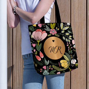 Bolso De Tela Monograma floral negro y rosa pastel de lujo