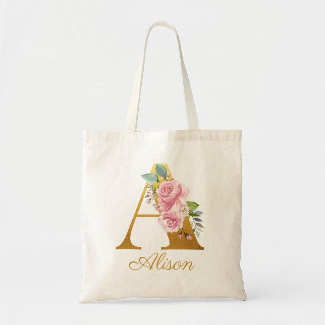 Bolso De Tela Monograma floral Nombre personalizado Botánico ini (Frente)