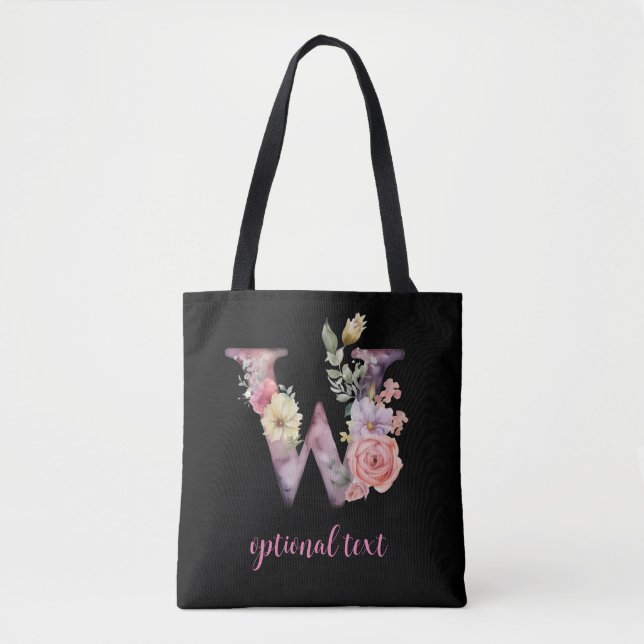 Bolso De Tela monograma floral personalizada letra rosa negra W (Anverso)