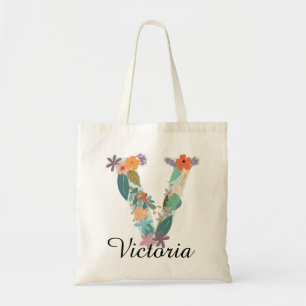 Bolso De Tela Monograma floral personalizado con letra V y nombr