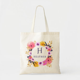 Bolso De Tela Monograma floral personalizado y etiqueta tote