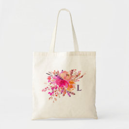 Bolso De Tela Monograma floral rosa acuarela. Flores iniciales