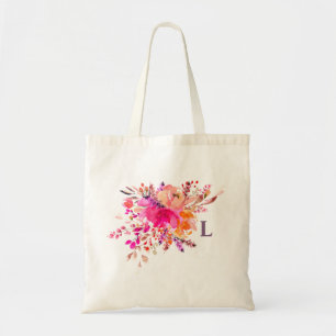 Bolso De Tela Monograma floral rosa acuarela. Flores iniciales