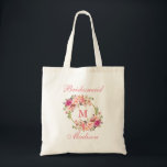 Bolso De Tela Monograma Floral Rosa Rubor Gold Circle Monograma<br><div class="desc">Acuarela Color rosa Rubor Floral Círculo dorado Monograma de la dama de honor Tote Bag</div>