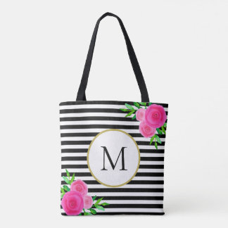 Bolso De Tela Monograma floral rosa trenzado blanco y negro de e