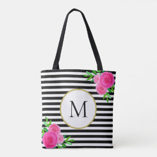 Bolso De Tela Monograma floral rosa trenzado en blanco y negro