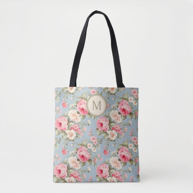 Bolso De Tela Monograma floral rosado Shabby Chic (Anverso)