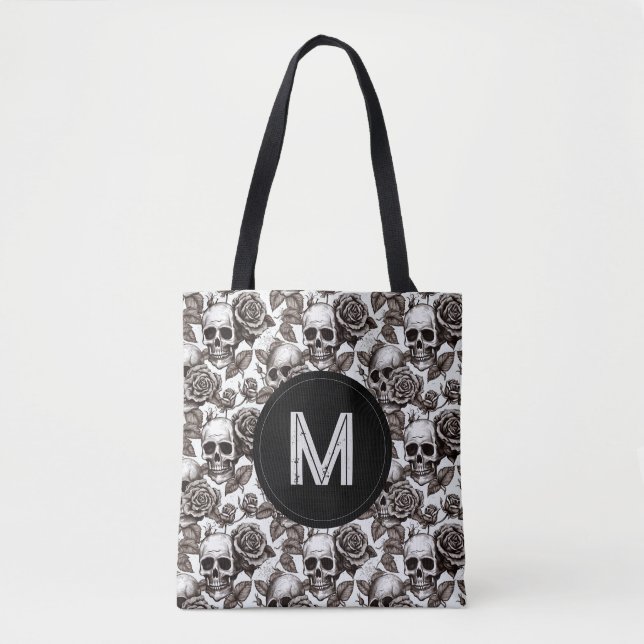 Bolso De Tela Monograma Floral Skull Black White Halloween (Anverso)