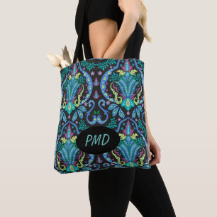 Bolso De Tela Monograma floral turquesa Verde azulado negro 