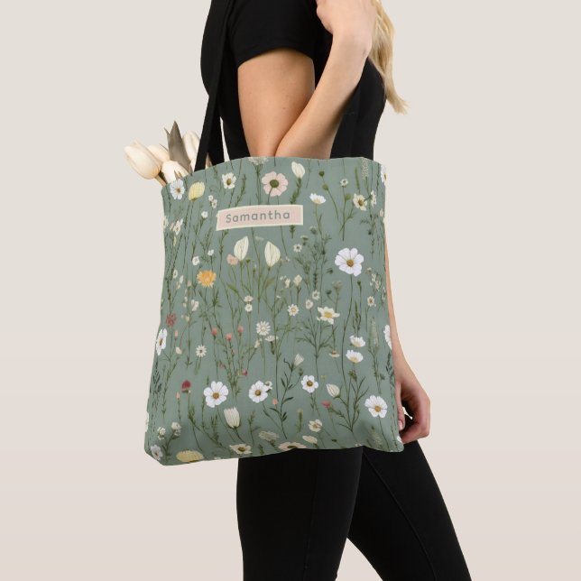 Bolso De Tela Monograma Flores Silvestres Boho Verde Salvia Amar (Detalle)