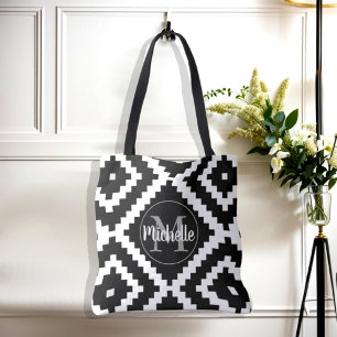 Bolso De Tela Monograma geométrico elegante en blanco y negro