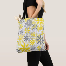 Bolso De Tela Monograma gráfico de flores grises amarillas