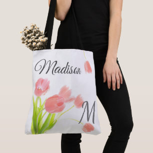 Bolso De Tela Monograma inicial de diseño de tulipanes rosados