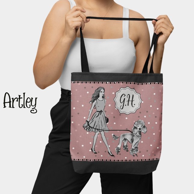 Bolso De Tela Monograma inicial de dot de polka negro rosado par (Subido por el creador)