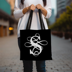 Bolso De Tela Monograma inicial de floración en blanco y negro