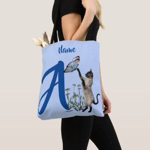 Bolso De Tela Monograma inicial de gato siamés personalizado A