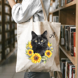 Bolso De Tela Monograma inicial de girasol de gato negro