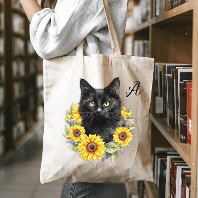 Bolso De Tela Monograma inicial de girasol de gato negro (Subido por el creador)