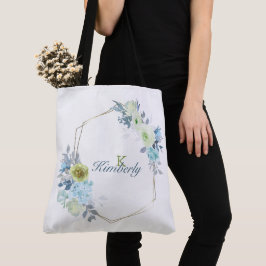 Bolso De Tela Monograma Inicial Floral Amarillo Azul Claro Verde