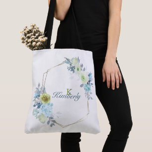 Bolso De Tela Monograma Inicial Floral Amarillo Azul Claro Verde