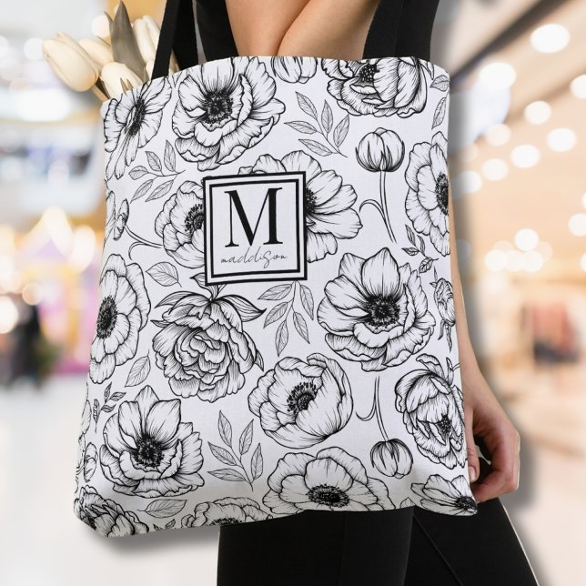 Bolso De Tela Monograma Inicial Floral Elegante (Elegant Floral Initial Monogram Tote Bag)