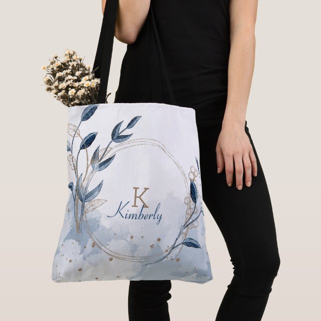 Bolso De Tela Monograma inicial floral moderno oro azul nombre (Detalle)