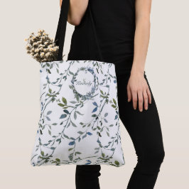 Bolso De Tela Monograma Inicial Floral Verde Plateado Sage
