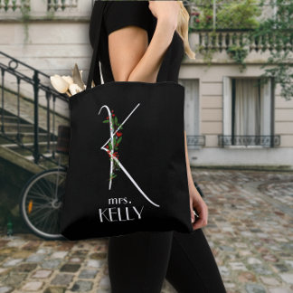 Bolso De Tela Monograma inicial K acuarela rojo floral profesora