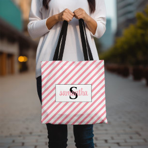 Bolso De Tela Monograma Inicial Nombre Rosa y Blanco