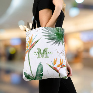 Bolso De Tela Monograma Isla Tropical Guión floral Oro Blanco