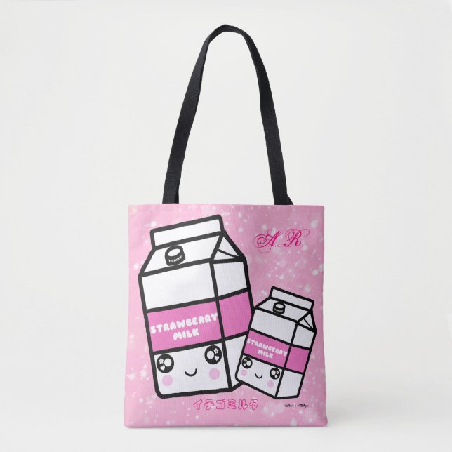 Bolso De Tela Monograma Kawaii Fresa Leche (Anverso)