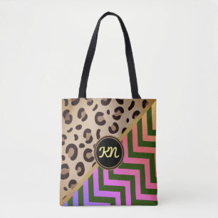 Bolso De Tela Monograma Leopardo Arcoiris Imprimir Chevron de do