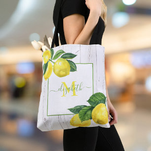 Bolso De Tela Monograma limones de campo acuarela madera rústica