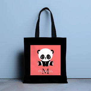 Bolso De Tela Monograma lindo panda sentado personalizado salmón