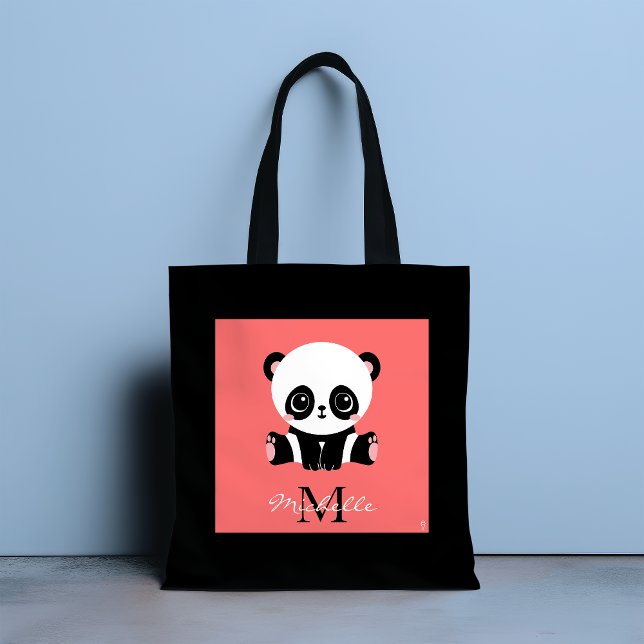 Bolso De Tela Monograma lindo panda sentado personalizado salmón (Subido por el creador)