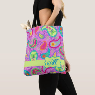 Bolso De Tela Monograma Magenta Rosa Moderno Paisley