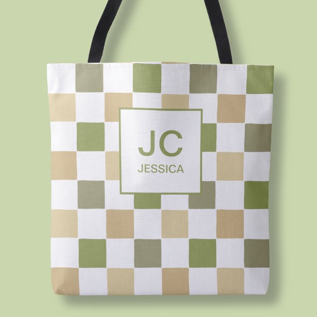 Bolso De Tela Monograma Medida Verde Moderno Initaciones Simples (Monogram Checkered Green Modern Simple Initals Tote Bag)