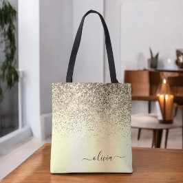 Bolso De Tela Monograma metálico con brillo dorado y nombre glam