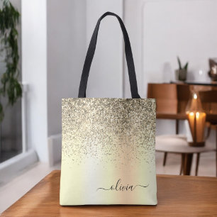 Bolso De Tela Monograma metálico con brillo dorado y nombre glam