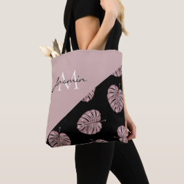 Bolso De Tela Monograma Moderna de Hoja Tropical Rosa Rubor