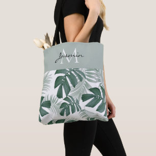 Bolso De Tela Monograma Moderna de Hoja Tropical Verde Salvia
