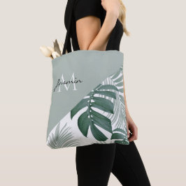 Bolso De Tela Monograma Moderna de Hoja Tropical Verde Salvia