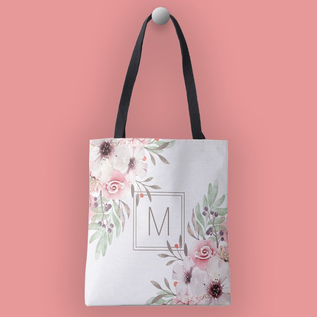 Bolso De Tela Monograma Moderna Floral Acuarela Rosa (Subido por el creador)