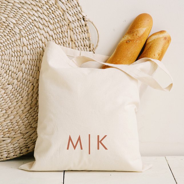 Bolso De Tela Monograma moderno | Boho Terracotta Textos (A simple, stylish and boho tote bag with your monogram in neutral terracotta text)