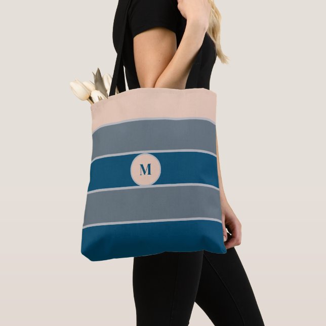Bolso De Tela Monograma Moderno Chic Gris Melocotón Azul Rayado  (Detalle)