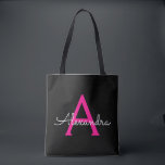 Bolso De Tela Monograma moderno con guión negro de color rosa ca<br><div class="desc">Elegante rosa negro y caliente Añadir tu propio nombre Bolsa de libros monograma. Esta Bolsa de Libros puede ser personalizada para incluir su nombre inicial y de pila y entregarse como regalo para Navidades,  Dulce 16 Cumpleaños,  Ducha de Novias o un Boda.</div>