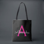 Bolso De Tela Monograma moderno con guión negro de color rosa ca<br><div class="desc">Elegante rosa negro y caliente Añadir tu propio nombre Bolsa de libros monograma. Esta Bolsa de Libros puede ser personalizada para incluir su nombre inicial y de pila y entregarse como regalo para Navidades,  Dulce 16 Cumpleaños,  Ducha de Novias o un Boda.</div>